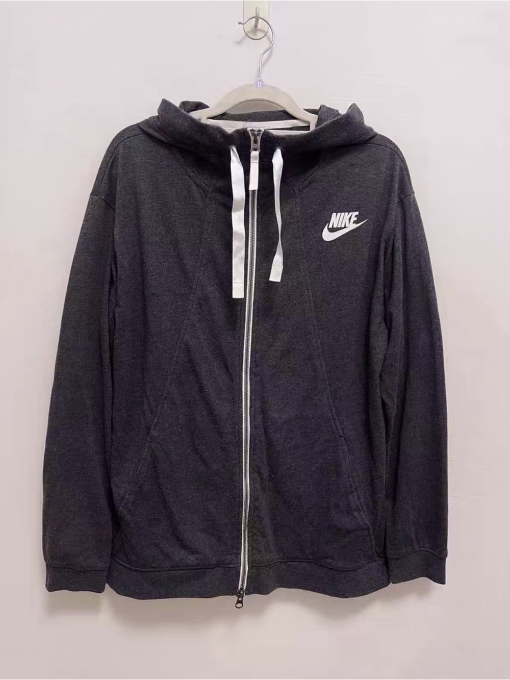 Nike Black Zip Hoodie with White Logo and Drawstrings